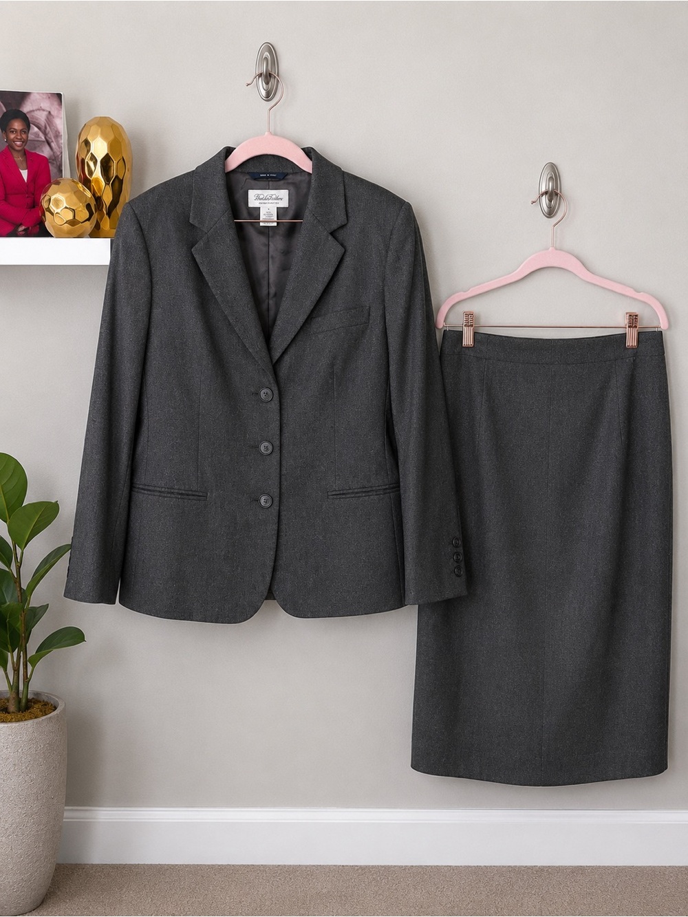 Brooks Brothers Made in Italy Wool Blazer Skirt Suit Gray 12/14 Career